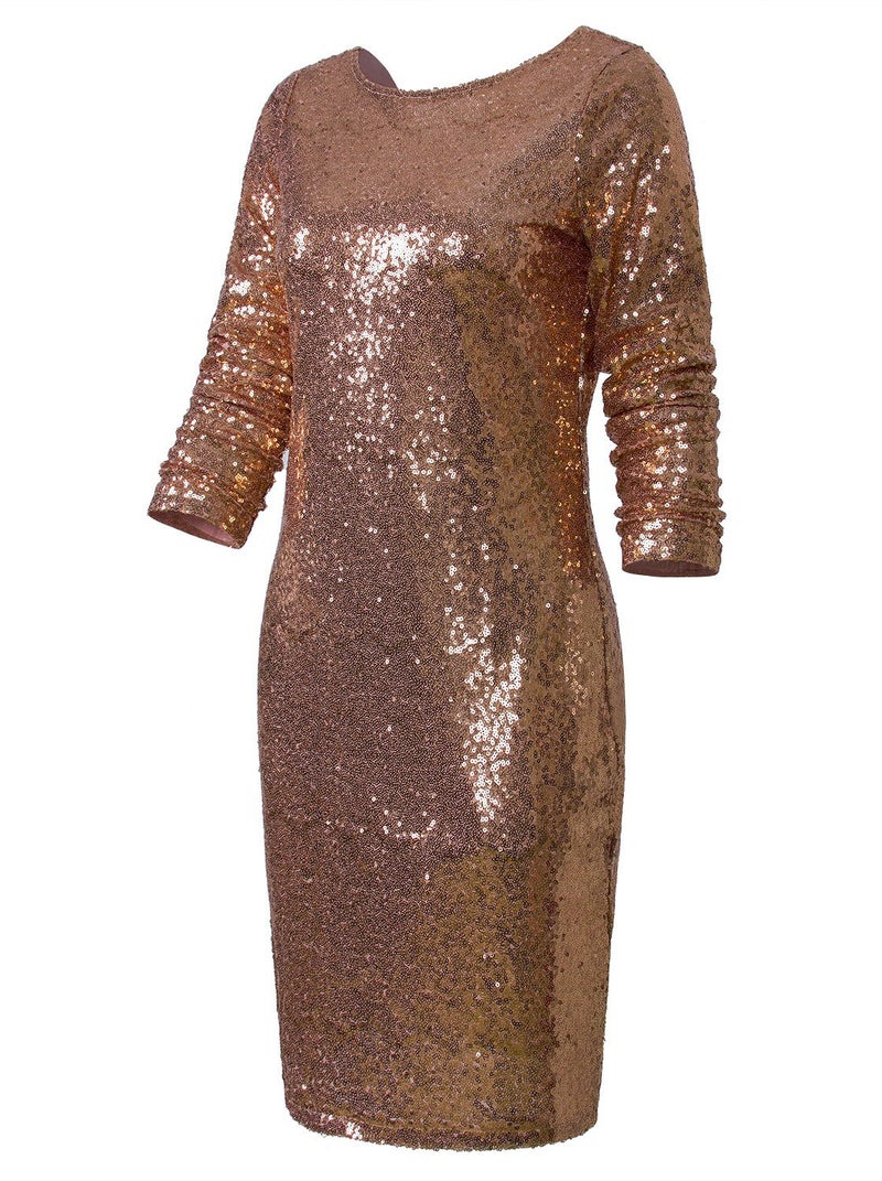 Vijiv Women's Sexy Deep V Neck Sequin Glitter Bodycon Stretchy Mini Party Dress,Gold,X-Large - Image 3